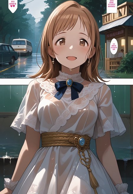 score_9, score_8_up, score_7_up, 1girl, 20yo, gorgeous girl, wet girl, kawaii,  idol dress,cute face, cute girl, Expressiveh, idolmaster, skrgmn, skrgmn, long hair, medium hair, light brown hair, bangs, brown eyes, medium breasts, happy face, girl looking at boy,  1man, dating with girls, (1page),comic,Multi view, Frame, frame, heart, trembling, focus line, vibrating line, comic expression, Sound effect, 1girl, 1boy, both focus,  (full body:1.3), (cowboy shot), raining, wet , see through, pretty bra, girl shelter from the rain, bus stop ,handsome boy, girl chilling,grabbing hand,