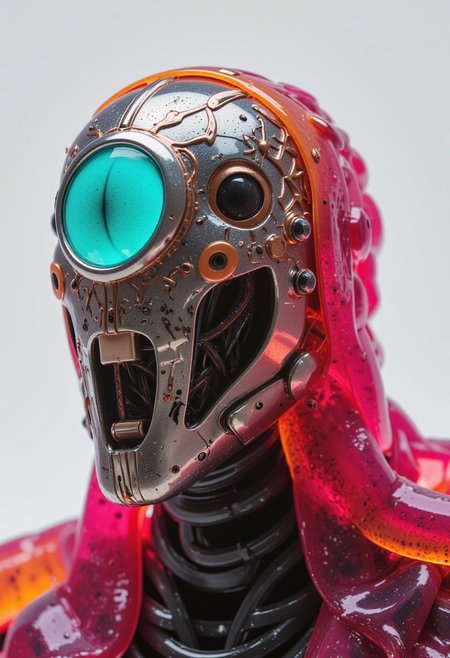 An extreme macro close-up of a translucent robotic head resembling a snake, capturing every intricate detail of its lifelike, changing scales and vibrant design. The robotic head features a striking vibrant neon sss tones of rainbow pink/red/yellow/blue/green/purple translucent surface with vivid subsurface scattering (SSS) effects, revealing intricate wired components beneath. adding a surreal, organic-mechanical aesthetic. dramatically lit by a soft backlight that emphasizes the subsurface scattering and internal wiring. A shallow depth of field highlights the robot’s exquisite details, while a cinematic film grain adds a vintage touch, creating an intimate and surreal portrait of this hybrid creation. A weathered metal hood, reminiscent of an antiquated automaton's casing, dominates the frame with a central circular aperture glowing faintly turquoise, set against a backdrop of muted metallic textures. Intricate filigree patterns etched into the hood's surface subtly shift and change as if pulsing with internal energy.  These patterns are rendered in burnished copper tones, contrasting sharply with the matte grey of the surrounding metal shell. in the style of ck-ncr,