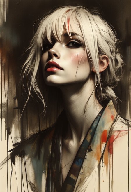 OBxiaoxiang, Inkplash art on rice paper, sepia, henna , inksketch, Silhouette Art, magnificent, dark background, inksplash portrait of stunning japanese woman, long platinum hair with red streak, sidelocks, bangs, seductive, sultry, lustful, red lips, direct gaze, light hitting one side of face, inksplash abstract background