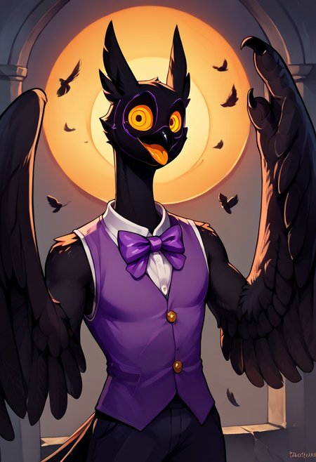 Barnaby, 1boy, yellow eyes, orange sclera, black body, long neck, feathers, bird feet, winged arms, bird tail, black beak, purple vest, sleeveless, purple bowtie, orange tongue, avian, furry, anthro, ghost, owl, spirit, digitigrade, no humans, perfect anatomy, solo, (insanely detailed, beautiful detailed face, masterpiece, cinematic lighting, detailed hands, detailed face, best quality), (sharp), score_9_up, score_8_up, score_7_up, score_6_up, highest quality, 8K, RAW photo, source_anime, perfect face, perfect hands, upper body
