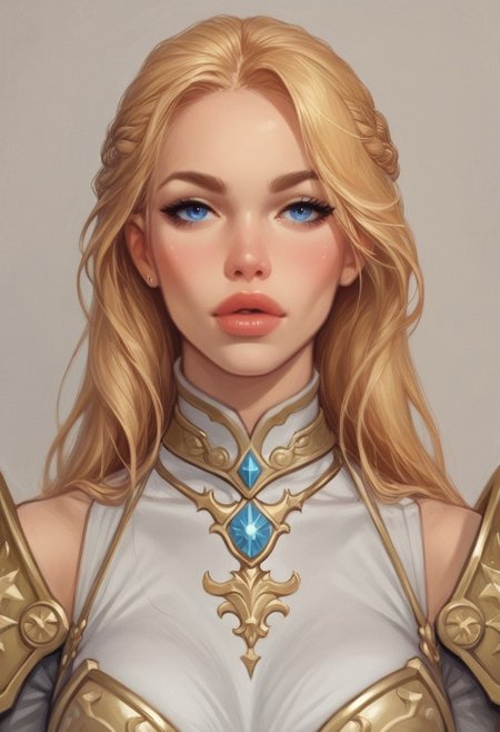 The archangel is depicted in his divine form a majestic, serene figure with a radiant aura. Her face is calm and compassionate, she is adorned with a shining halo and resplendent golden armor that reflects his celestial origins. Blonde hair, blue eyes
His wings are large, white, and feathery, spreading out behind her in a display of divine grace. sShe wields a glowing, celestial sword,
(((full-clothed armor))) 
BREAK 
(long sword in hands, steel sword in hands)), strange world background score_9, score_8_up, score_7_up, score_6_up, source_cartoon, rating_explicit, Expressiveh, ((portrait, close up)), dynamic pose