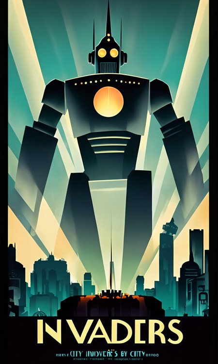 giant robot over city, Text:"Invaders ", <lora:artdecopostsdxl:0.8>, art deco style poster, 1940s, vibrant color