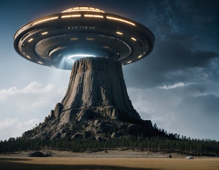 <lora:FooFighters:0.5> cinematic, FooFighters, small sci fi UFO with thrusters, 
BREAK (over Devils tower national park:1.2), 8k, (Yashica T4 Camera, Æ/1.4, ISO 6400, 85mm lens), (detailed:1.1), (dim light), visible film grain, (sharp focus:1.2)