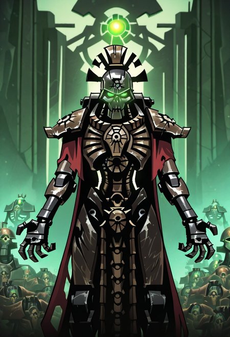 masterpiece, best quality, <break> , solo, 1other, (((necron))), (((glowing))), (((robot))), ((armor)), (((green eyes))), ((warhammer 40000))), 
 looking at viewer, standing, 
(((vanripper))), 
<lora:VanripperIllustriousXL_byKonan:1>
