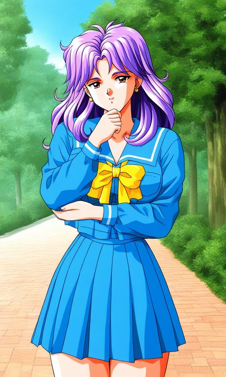 general,highres, ultra-detailed,very aesthetic,best quality ,best hands, BREAK <lora:Kagami_Mira_Tokimeki_Memorial_IS:1>
Kagami_Mira(Tokimeki_Memorial), 1girl, solo, purple hair, long hair, Parted bangs, earrings, large breasts, brown eyes,
blue school uniform, serafuku, jewelry, yellow bow, Yellow bow, blue skirt, blue jacket,
blue sailor collar,  pleated skirt,  long sleeves,hand on own chin,
outdoor, tree, sky,