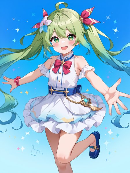 1girl, 
solo, twintail, blue background, blue footwear, hair ornament, green eyes, sleeveless, ahoge, smile, standing on one leg, outstretched arms, green hair, hair flower, blue hair, multicolored hair, blush stickers, flower, looking at viewer, open mouth, two-tone background, white dress, spread arms, gradient hair, hair between eyes, :d, shoes, standing, dress, pink flower, bare shoulders, very long hair, long hair, sleeveless dress, white flower, blue flower,
A young girl with long green hair and a big smile on her face. she is wearing a blue and yellow outfit with a white skirt and a red bow on her head. the outfit has a high neckline and short sleeves. the girl is standing on one leg with her arms stretched out to the sides and her legs slightly bent at the knees.
score_9, score_8_up, score_7_up, source_anime
 <lora:style016:0.8>