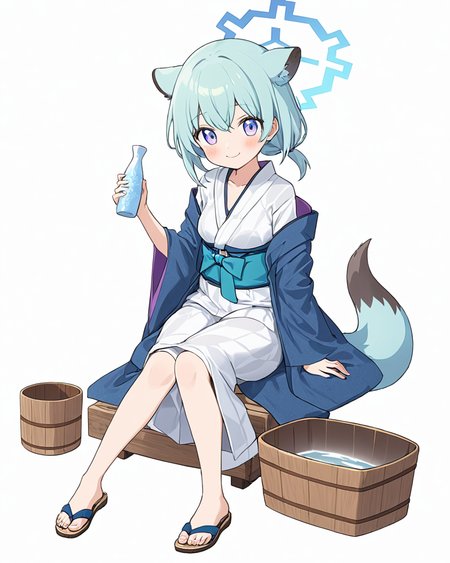 shigure \(blue archive\),1girl, solo, halo, official_alternate_costume, white_background, bath_yukata, sandals, tokkuri, looking_at_viewer, simple_background, sitting, smile, tail, white_kimono, blush, holding_bottle, wooden_bucket, full_body, obi, wide_sleeves
<lora:shigure_(blue_archive)_image979_2023-11-28-000015:1>halo. gorgeous,key visual, vibrant, studio anime,award-winning, professional, highly detailed,high budget, cinemascope