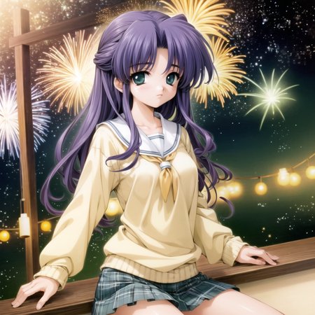 masterpiece, highest quality, high quality, sharp, detailed, scan,
mima haruka, 
1girl, solo, transparent background, long sleeves, long hair, looking at viewer, white jumper, blue tie, white school uniform, skirt, green eyes, purple hair, bangs, eyebrows visible through hair, green plaid skirt, 
festival, twilight, fireworks, tanabata, stars, moon, neon glow,