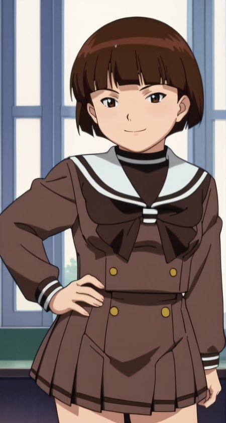 score_9, score_8_up, score_7_up, source_anime, rating_safe, intricate details, anime screencap, official style, anime coloring, 1girl, solo, <lora:Kaneko_Masako:1>, masako, short hair, serafuku, brown school uniform, pleated skirt, brown skirt, looking at viewer, smile, indoor, cowboy shot, hand on hip