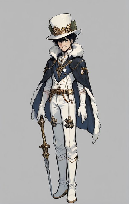 score_9, score_8_up, score_7_up, score_6_up, score_5_up, score_4_up,
 <lora:OverDesignedGirls:.7>
1boy, black hair, boots, cape, full body, fur trim, gloves, hat, holding, , smile, solo,  white gloves