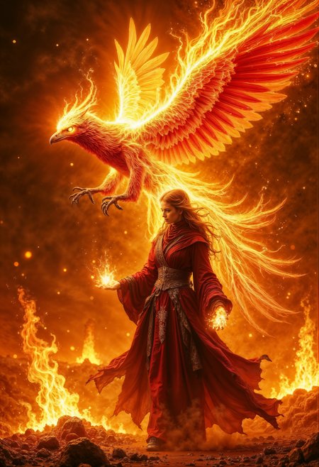 Clad in robes of flickering flame and adorned with golden runes, the Emberheart Sorceress is a walking inferno of power and passion. Her fiery red hair crackles like a living blaze, and her molten gold eyes burn with the intensity of an eternal fire. At her side soars a magnificent phoenix, its feathers ablaze with hues of crimson, orange, and gold. With each beat of its wings, embers rain down, igniting the air with sparks of magic. Together, they embody rebirth and destruction, their presence heralding either salvation or ruin, depending on the hearts of those who stand before them.  <lora:FluxMythR3alisticF:1> R3alisticF