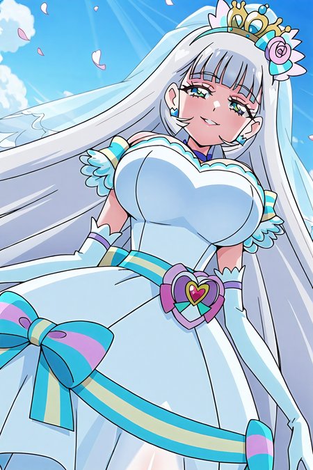 shiny skin, posing,
<lora:wonpri.il:0.8>,
wonpri,
curenyammy, 
huge breasts,
(alternative costume, wedding dress, frill, lace, see-through:1.5),
dynamic angle, dynamic pose, seductive smile, suggestive pose,