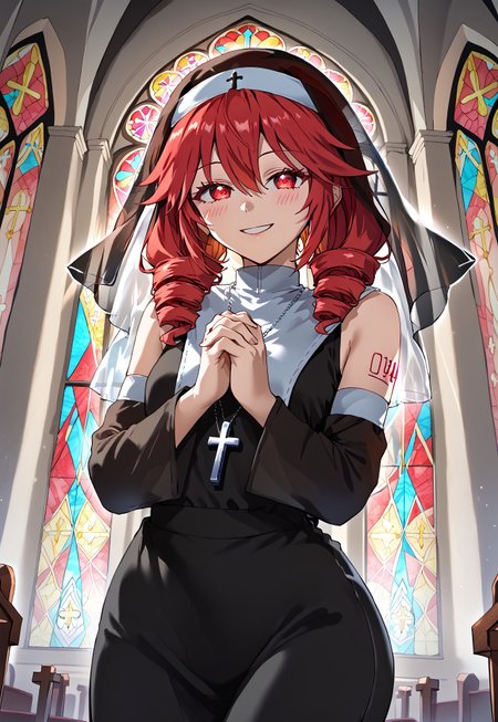 1girl, solo, solo focus, highres, absurdres, SisterTeto, nun, drill hair, red hair, habit, twin drills, red eyes, detached sleeves, shoulder tattoo, cross, black dress, long hair, jewelry, veil, bare shoulders, necklace, hair between eyes, black sleeves, bangs, long dress,

own hands together, own hands clasped, interlocked fingers, praying, evil smile, 

church, stained glass, dark, very dark, backlighting,