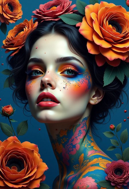 A fantasy artwork with realistic elements features a woman adorned with vibrant, colorful makeup, inspired by layered abstractions. Her face is a blend of graceful and emotive features. The piece is enveloped in a gentle focus, highlighting the nuanced details and elegance of her visage. Swirling patterns encircle her, seamlessly integrating into the artwork, guided by a deliberately balanced and harmonious color palette. The overall ambiance conveys a sense of mystery and artistic refinement.
