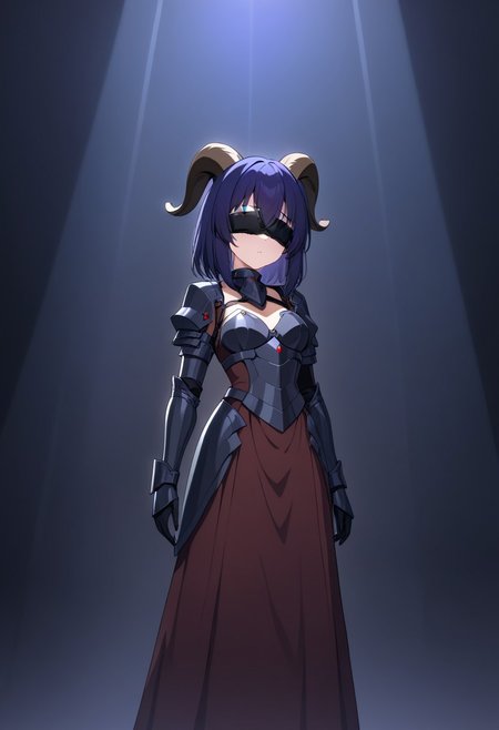 Prompt: (score_9), (score_8_up), (score_7_up), masterpiece, source_anime, best quality, perfect anatomy, very aesthetic, absurdres, Zyrnox-Exoterra Style, 1girl, two goat horns, goat girl, armor, blindfold, dark lighting, dark atmosphere, dark lights, dynamic lighting