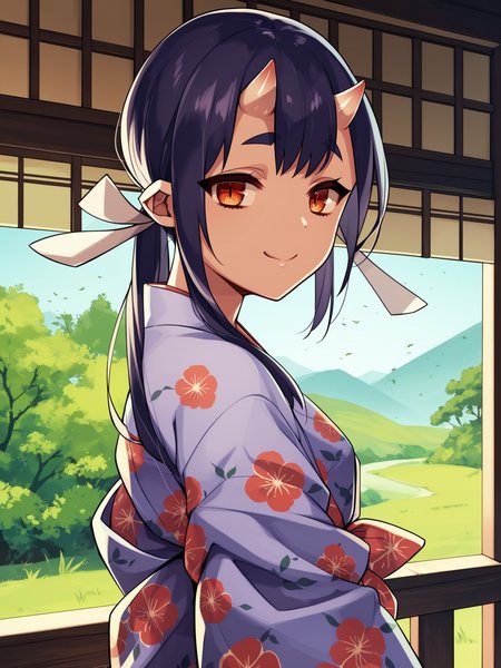<lora:happy_tentacle-momiji-v0.1-000024:1>, ht_momiji, hair ribbon, japanese clothes, yukata, floral print , outdoors 1girl, solo, upper body , half-closed eyes , ( smile :1), , looking back , standing , from side , score_9, score_8_up, score_7_up, score_6_up, score_5_up, score_4_up