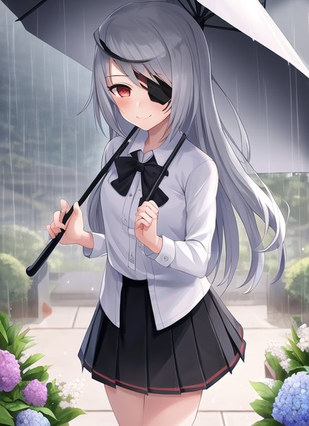 1girl, laura, grey hair, (eyepatch:1.2), black skirt, blush, collared shirt, dress shirt, flower, holding, holding hands, holding umbrella, hydrangea, long sleeves, looking at viewer, out of frame, pleated skirt, pov, pov hands, rain, shirt, skirt, smile, solo focus, umbrella, very long hair, white shirt, intricate, highly detailed, digital painting, artstation, concept art