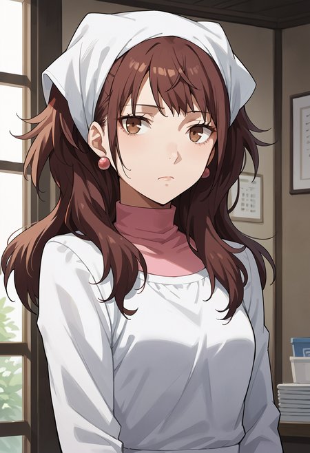 score_9, score_8_up, score_7_up, score_6_up, score_5_up, score_4_up, source_anime
1 girl, solo, 
p4rise, kujikawa rise, long hair, brown hair, earrings, twintails,
p4rise-tofu, head scarf, kappougi, white kappougi, turtleneck, pink turtleneck,
inside, tofu shop, dark, looking at viewer, expressionless, tired, cowboy shot,
masterwork, masterpiece, best quality, hyper-detailed