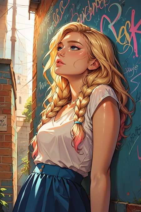 score_9, score_8_up, score_7_up, score_6_up, ),  1mg1mg , masterpiece,best quality, highly detailed, masterpiece,best quality, highly detailed, source_cartoon, uncensored, rating_explicit, casual, shiny skin, shiny highlights, emphasis lines, graffiti wall,
vinyl skirt, (leaning back against a wall with arms stretched out),
cute adult woman, long blonde hair, Top knot with braids wrapped around the base, bright blue eyes with a gentle sparkle, smooth fair skin, soft pink lips, delicate and refined facial features, wearing a casual yet stylish outfit, cheerful and warm expression, soft natural lighting, approachable and friendly vibe, youthful yet mature appearance, ((poised))
highly detailed, intricate details in hair and makeup, masterpiece, best quality, ultra highres, original, extremely detailed, perfect lighting
<lora:incase---1:0.5> <lora:S1_Dramatic_Lighting_v2:0.5> s1_dram  <lora:1mg1mgXLP:0.6>   <lora:GarvGirlsPony:0.7>