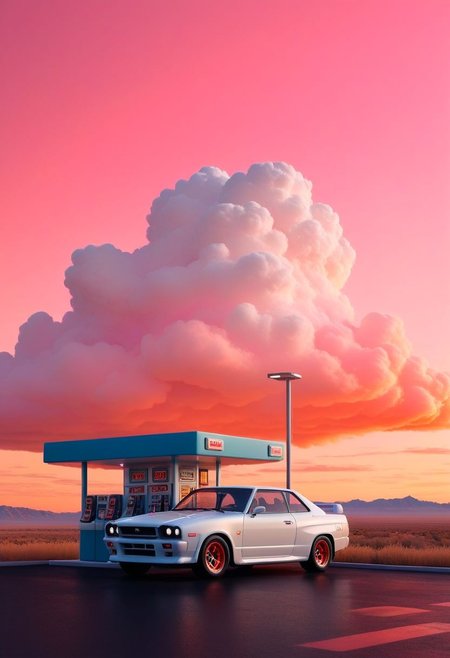 ispzxll, diorama, isometric, miniature, volumetric lighting style, intricate details, pink and orange sky, fluffy clouds, car at gas station, country living, countryside, middle of nowhere, rundown gas station, gas pump, secret meeting, small town, vast landscape, detective, mystery, white nissan skyline gtr car