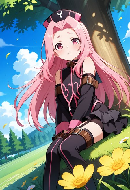 forest, flowers, grass, clouds, day,
BREAK,
sitting, neutral expression,
cowboy shot, dynamic angle,
BREAK,
<lora:arietta_illustriousXL_v04:0.9> 
ariettadef, black headwear, pink hair, pink eyes, very long hair, parted hair, 
zettai ryouiki, detached sleeves, frills, black dress, 
garter straps, thighhighs, thigh boots,, source_anime, very aesthetic, anime coloring, masterpiece, 
best quality, amazing quality, ultra detailed, very aesthetic, 
detailed background, 
BREAK,