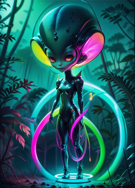 Ombre color scheme of neon blue, neon pink, neon yellow, neon green, neon orange, hyperrealistic art  <lora:sss:0.6> cute little Japanese (alien:1.3) anime, neon lights, (foggy night:1.1), stunning (full body shot) anime art by (Mark Ryden:1.1, Camille Vivier:0.88) <lora:Nicoletta_Ceccoli_2:0.4> Nicoletta Ceccoli <lora:another-bored-monsters:0.65> fx-monsters <lora:AnotherBoredDetailXL:0.7>,  <lora:70s_Sci-Fi_Art_XL:0.8> <lora:g0th1cXL:0.8> g0th1cxl, glowing, neon . extremely high-resolution details, photographic, realism pushed to extreme, fine texture, incredibly lifelike , subsurface scattering, Photorealistic, Hyperrealistic, analog style, realistic, film photography, soft lighting, heavy shadow