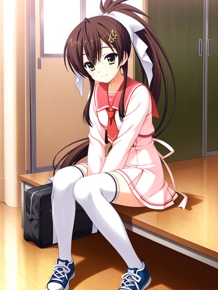masterpiece,best quality,newest,absurdres,highres,detailed eyes,beautiful,detailed background,solo,perfect eyes,anime coloring,full_shot,anime screencap,
<lora:add-detail-xl:1>,<lora:ponyv4_noob1_2_adamW-000017:0.8>,wear clothes,
1girl,
looking at viewer,standing,sitting,smile,school,
<lora:il-aoi-tenshin-sera:1>,il-aoi-tenshin,aoiserafuku,1girl,solo,brown hair,pink dress serafuku,yellow eyes,pink dress skirt,long hair,pink long thin on dress,ponytail,red sailor collar,square bottom necktie,white thighhighs,blue sneakers,