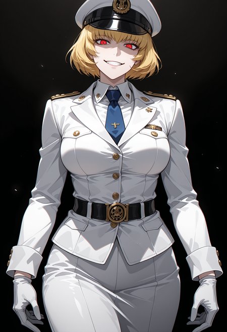 masterpiece, best quality, highly detailed, ultra-realistic, score_9, score_8_up, score_7_up, score_6_up,
1woman, solo, sporty female, mature girl, big woman, warrior women, Clementine, long face, (hellsing style), nice skin, short hair, blonde hair, red eyes, bangs, looking at viewer,
aesthetic naval uniform suit, ((white outfit, blue tie, multicolor)), 18 century officer outfit, admiral, classy, elegant, stylish, joker attitude, high millitary hat, tunic,
stands proudly, tall woman, nice hips, psycho smile, teeth, detailed eyes, detailed face, empty hands,
fit, toned, stands proudly, outdoors, (black background:1.2), <lora:Clementine_Overlord:0.7>