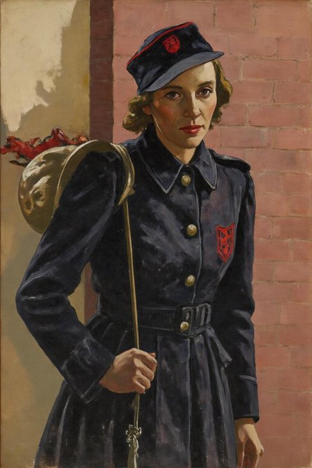 ethelleontinegabain1 painting.
A woman dressed in a dark uniform with a red emblem on the chest, standing against a brick wall. She is wearing a cap with a red emblem and carrying a helmet on her shoulder. The background consists of a textured brick wall with a partially visible door or opening. <lora:ethelleontinegabain1_cap_d8a4:1.0><lora:862146328388484274:0>