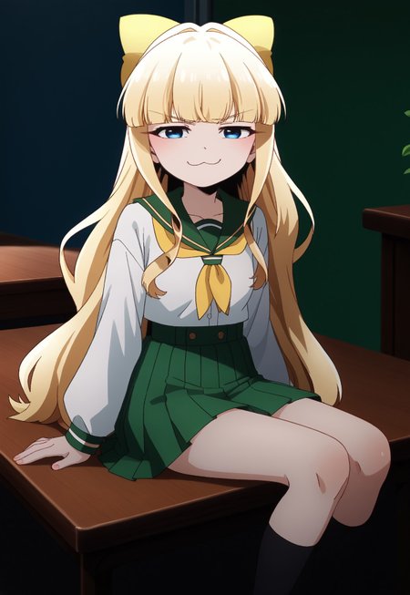 safe_pos, safe_pos, score_9, score_8_up, score_7_up, score_6_up, source_anime, petite, slender, tenkawa, blonde_hair, long_hair, blue_eyes, yellow_bow, long_sleeves,  white_shirt, yellow_neckerchief, green_skirt, pleated_skirt, black_socks, kneehigh_socks, sitting on table, smug, :3, feet, from bellow