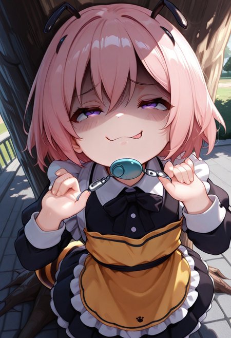masterpiece, BEST QUALITY, solo, aged down,
short body, short hair, round face,
short limb,
looking up,
tilted head,
under tree,
shadows from tree canopy on her,
sunny day,
CivChan, purple eyes, pink hair, arranged maid outfit,
flat breasts, park, from above, shaded face, (smug:1.2), head tilt,
open eyes,
Bee girl mixture costume,
bee tail. bee wing,
yellow and black stripe apron
cpbt
folded elbow,
1 yellow oval crime prevention buzzer holding at her mouth,
pulling gesture,
(pinching strap of buzzer:1.5)
clenched teeth,
(1tongue out:0.6),
tongue below 
unholy-aesthetic
BREAK
2.5D REALISTIC
ABSURDRES
AMAZING QUALITY
BALANCED HISTGRAM on subject
CONTRAPPOSTO
LOW-KEY HISTGRAM ON BG
NEWEST
PERSPECTIVE
SOLO FOCUS
ULTRA DETAILED EYES, EYE HIGHLIGHTS
ULTRA DETAILED FACE
VERY AESTHETIC
very awa
(simple large speech bubble at corner of the top:1.4)
(asking buzz at speech bubble with black letter content is "buzz?":1.4)
handslora