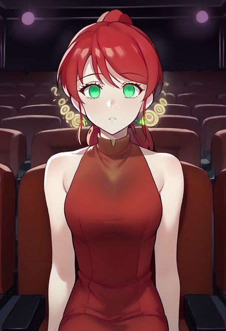 Pyhhra watching hypnotic movie,
score_9, source anime, lewd, 1girl, smooth,
mind control, hypnotized, hypnotic movie, wide eyes, empty eyes, blank eyes, no pupils,
movi3theater, sitting, red seats, dark room, female focus, upper body, side angle,
PyrrhaDanDres, red dress, shoes, sleeveless, solo, ponytail, green eyes,