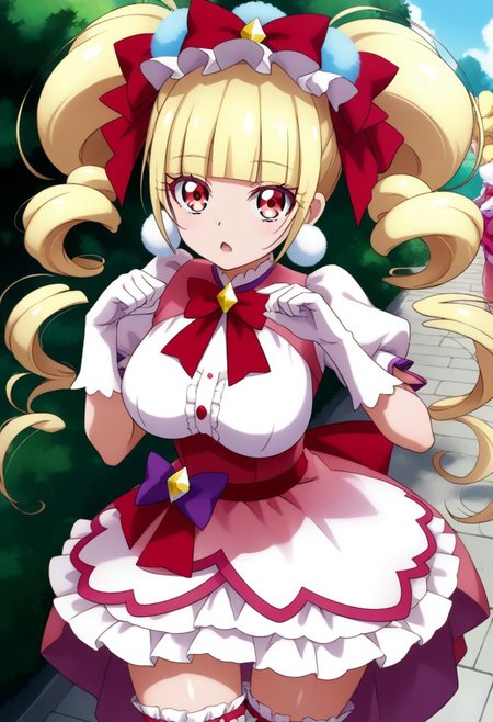 score_9, score_8_up, score_7_up, source_anime, (nsfw1.0), BREAK, 
curemacherie, cute 1girl, (large breasts), skinny body, short stature, twintails, 
pom pom earrings, pink ribbon, white gloves, frilled thighhighs, puffy sleeves, layered dress, porch, wrist bow, jewelry, white panty
shiny skin, 
expressionless, small open mouth, 
any pose, s-shaped pose, looking at viewer, 
angle:random, 
background:random,