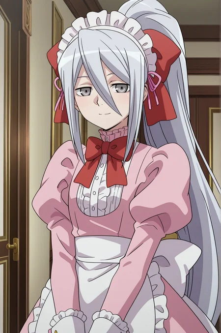 masterpiece, best quality, absurdres, highres, source anime, very aesthetic, very awa, BREAK, anime coloring, anime screencap,
<lora:felli_loss_v2-illustrious:1>,1girl, felli loss, koukaku no regios, grey eyes, grey hair, 
pink maid, ponytail, maid headdress, hair bow, pink dress, apron, bow, frills, puffy sleeves, long sleeves,
BREAK, looking at viewer, light smile, 
BREAK,