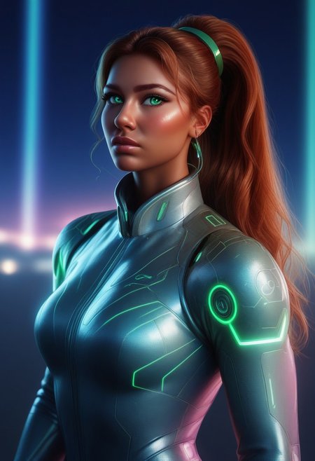((score_9, score_8_up)) (((Cowboy Shot))) One twenty year old Native American woman with caramel hair and green eyes (she has dark red skin, very high ponytail) she is in a meadow at midnight. She is in a green electric tron suit, tron suit, techno, metal gloves, halo, She is blushing, curious ((northern lights, rainbow light, aurora, markings on her tron suit, tron)) Night time, darkness Expressiveh, d3t41l3d, digital art, glossy skin, detailed face, shimmering light, neural network, reflection, masterpiece, 32k UHD resolution, high quality, professional photography, ray tracing