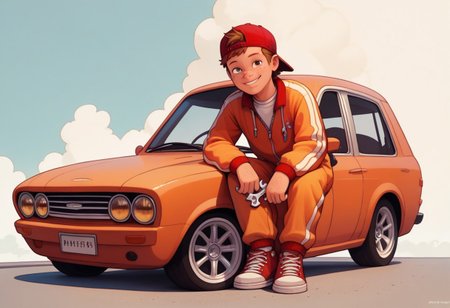 score_9, score_8, score_7, young, looking at viewer, perfect face, colorful, dramatic angle,  jumpsuit, wrench in hand, sitting on car, sneakers, car repair, smile, red hat, backwards hat, brown hair, freckles, 1boy, solo, full body.