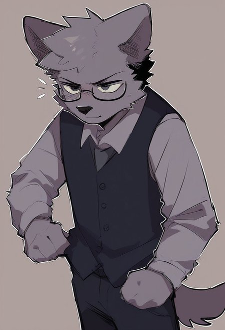 score_9, score_8_up, score_7_up, BrunoF, Gray fur, furry, animal ears, furry male, focus male, tail, Gray fur, Black vest, gray shirt, gray sleeves, black pants, solo, sny