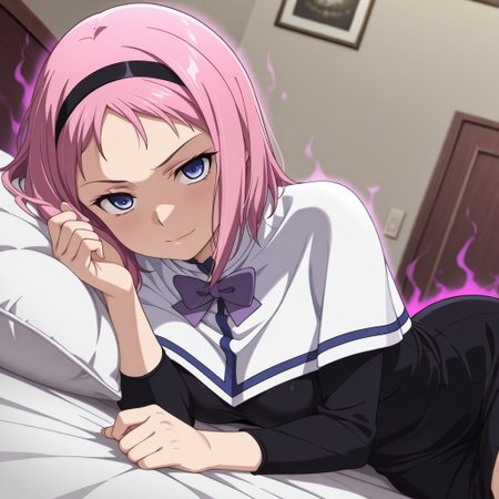 masterpiece , amazing , best quality , ultra detailed , 8k , high resolution , 1girl , solo , adult , Kazumi_Schlierenzauer, medium breasts , indoors , lying on bed , looking at viewer , sexy , seductive aura , black dress, white overtop, purple bow