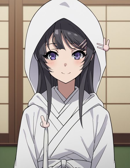 score_9, score_8_up, score_7_up, source_anime, maisakurajima, <lora:mai-sakurajima-s1-ponyxl-lora-nochekaiser:1> mai sakurajima, long hair, bangs, black hair, hair ornament, purple eyes, hairclip, rabbit hair ornament,, <lora:uchikake-ponyxl-lora-nochekaiser:1>, uchikake, wataboushi, shiromuku, white kimono, hooded kimono, bride, japanese clothes, hood,, indoors, wedding, smile, blush,, cowboy shot, dutch angle, looking at viewer,