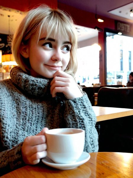 Cinematic fashion photograph  Adeera_Addams_P_MXAI_SDXL , wearing a cozy sweater, sitting in a cafe, holding a cup of steaming tea, flirty expression,