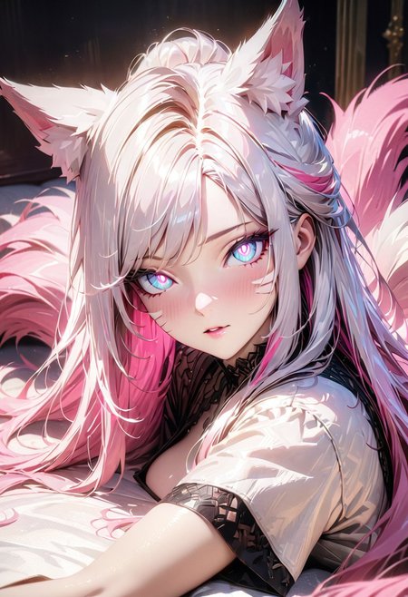 masterpiece, beatiful lips, best quality, high quality, amazing composition, cinematic, (masterpiece), (best quality), (ultra-detailed), very aesthetic, perfect composition, intricate details, absurdres, (anime, masterpiece, intricate:1.3), (best quality, hires textures, high detail:1.2), ((high end)),(UHD picture),(vivid),((life like)),(crystal clear), 
(photo realistic),((bestquality fingertip)),((beautifully detailed face)),((beautifully detailed body line)),(beautiful detailed hair),((sexy)),{perfect anatomy},intricate,(highly detailed), perfecteyes,
Settings;  (on the bed), (dim light),
Character;(1girl, kda_ahri, from front, seductive),(nine fox tails), (multicolored hair:), (white hair), (pink hair), (long hair), (whiskers), (glowing eyes1.3),
composition; (close up), (looking for viewer), (sitting),