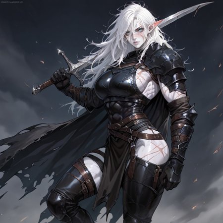 masterpiece, best quality, newest, absurdres, highres, DPWSV1.0, dynamic pose, holding sword, holding, holding weapon, weapon, sword,
1girl, pale, white skin, colored skin, pale skin, elf, pointy ears, muscular woman, armor, cape, leather armor, scar, scars on face, white hair, long hair, messy hair, black armor, black leather,
