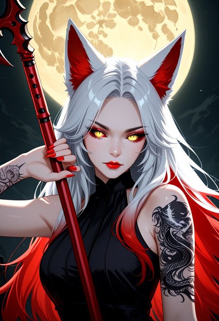 masterpiece, very aesthetic, newest, high score, best quality, absurdres, kitsune_yokai, 1girl, solo, long hair, looking at viewer, holding, animal ears, closed mouth, yellow eyes, upper body, weapon, white hair, red hair, sleeveless, hand up, holding weapon, black dress, lips, fox ears, tattoo, makeup, moon, wolf ears, lipstick, polearm, red nails, full moon, colored sclera, red lips, arm tattoo