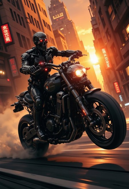 nistyle, a_skynet_cyberdyne_craft, the image is featuring a terminator endoskeleton riding a Cyberdyne superbike with a skull mounted on the handlebars, adorned with intricate, metallic details, including bolts, wires, and mechanical components, giving it a highly advanced, industrial military look, red lights and diodes.  He is riding at extreme speed down a narrow cyberpunk alleyway, extreme motion blur on the background and wheels emphasising the extreme speed, sunset, chiascuro