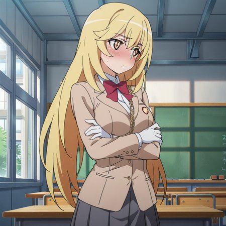 nsfw, masterpiece, best quality, amazing quality,1girl, solo, index_railgun_shokuhou_misaki, standing, blonde hair, long hair, tokiwadai school uniform, blush, white gloves, crossed arms, chain, breasts, jacket, blazer, red bow, indoors, classroom, <lora:Shokuhou_Misaki_-_Index_Railgun:0.7>