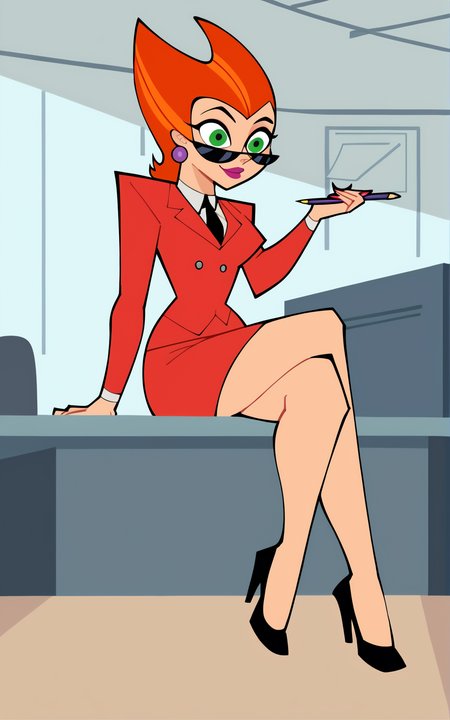 score_9, score_8_up, score_7_up,((best quality)), absurdres,((full body)),  <lora:3d-2d:0.8>,  <lora:PenelopeSpectraPXL:0.9>,PenelopeSpectraPXL,skirt, formal, suit, earrings, jewelry, skirt suit, sunglasses, high heels, orange hair, pencil skirt, lipstick, necktie,red suit,green eyes,solo,sitting, desk, inside, school, crossed legs