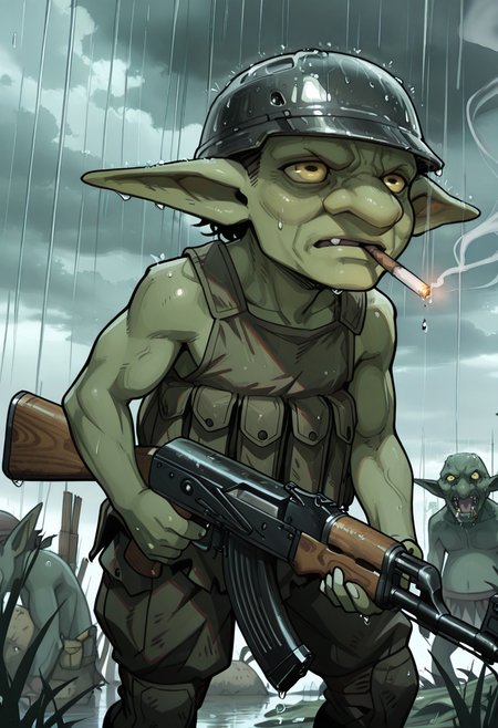masterpiece,best quality,amazing quality,very aesthetic,absurdres,newest, highres,very awa,  <lora:gob_ilxl_v1:1>, 1other, gob, monster, yellow eyes, pointy ears, large ears, shortstack, green skin, <lora:ak-47:1>, ak-47, assault rifle, holding, rain, cloudy sky, trench, sandbag, war, wet, dirty, outdoors, helmet, military uniform,smoking, cigarette, tired, sad,