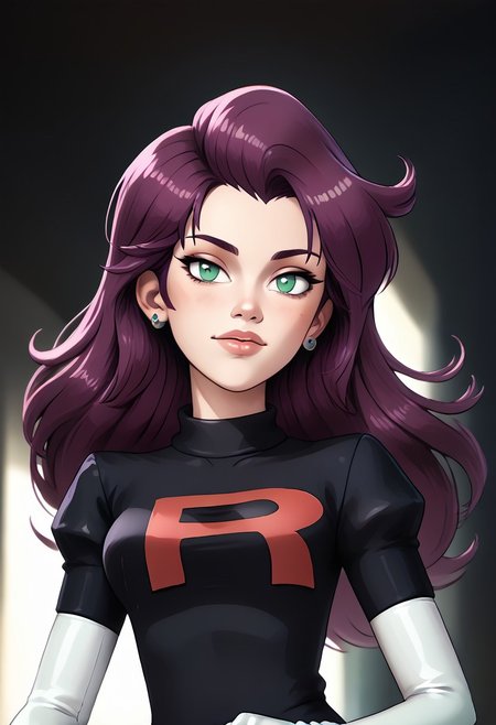 score_9, score_8_up, score_7_up, score_6_up, PRSNL_3_1, uncensored, pupils black dots, lips,
upper body, best quality, masterpiece, 4k, realistic, warm light,
PMMiyamoto, team rocket, floating hair, purple hair, bangs, green eyes, orange earrings, aged up,
black dress, puffy sleeves, elbow gloves, white gloves, white thighhighs, thigh boots,