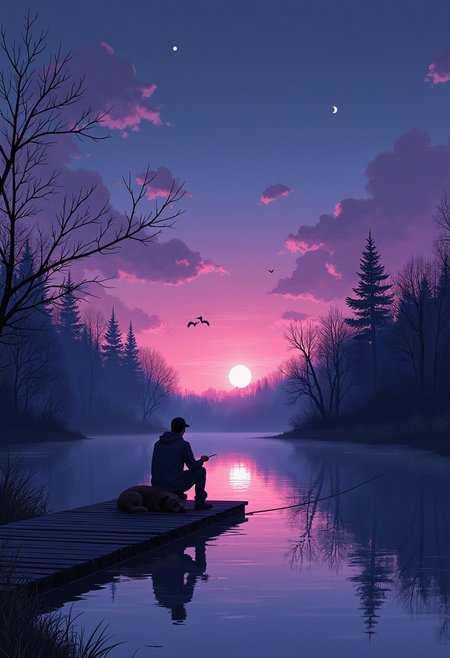 Ink illustration, (anime:0.5), purple and violet tones, sunset colors, inkpunk, shadows like webs covering a person fishing  sitting at the end of a pier on a pond, dog asleep next to them, art style, reflections, shadows, moonlight, landscape, surreal, ((at a distance)), Will-o'-the-wisp, moonlit, lonely, solitude, extremely detailed, UHD, Award Winning, masterpiece,