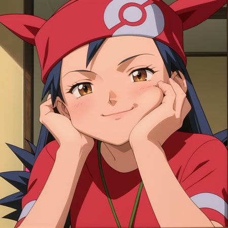 score_9, score_8_up, score_7_up, 1girl, solo, source_anime, anime_screencap, pkmLisa, red bandana, brown eyes, red shirt,  face focus, close up, holding her face in her hand, leaning cheek against palm, looking at viewer, smiling, warm smile,  half closed eyes, <lora:pkmLisa:1> leaning forward,